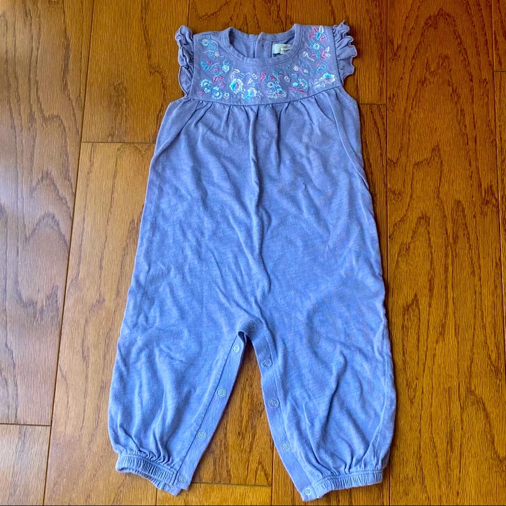 Peek | purple onesie with embroidered flowers.